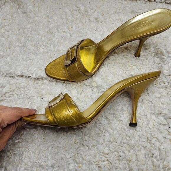 Gucci Gold Glitter Patent Leather Open Toe Slide Heeled Sandals size 37.5‎ - Picture 6 of 12